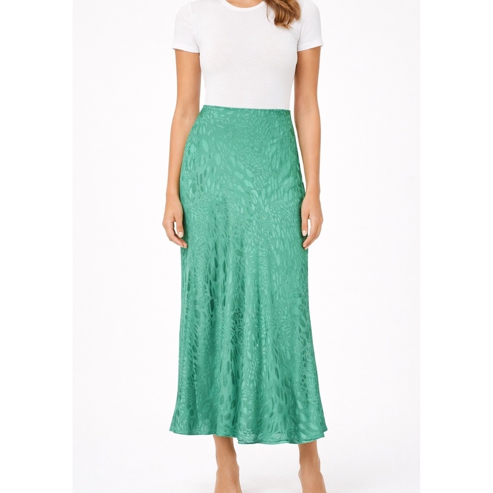TOPSHOP Animal Print Jacquard Satin Slip Green Midi Skirt SZ 4 US